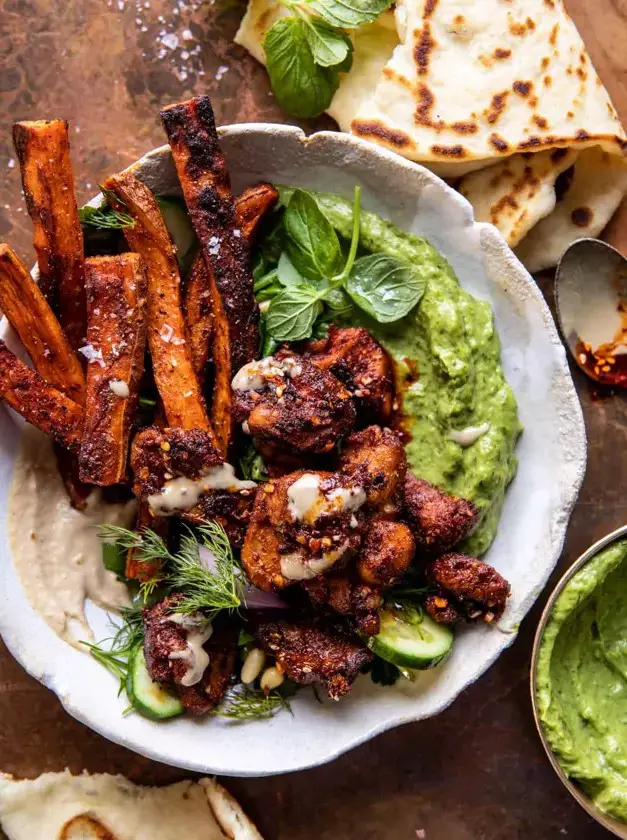 Sheet Pan Lemon Chicken with Sweet Potatoes and Avocado Goddess Sauce