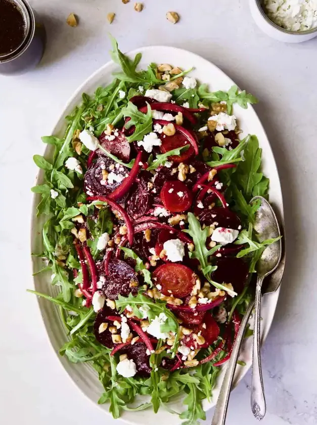 Roasted Beet Salad with Walnuts, Goat Cheese, and Honey Balsamic Dressing